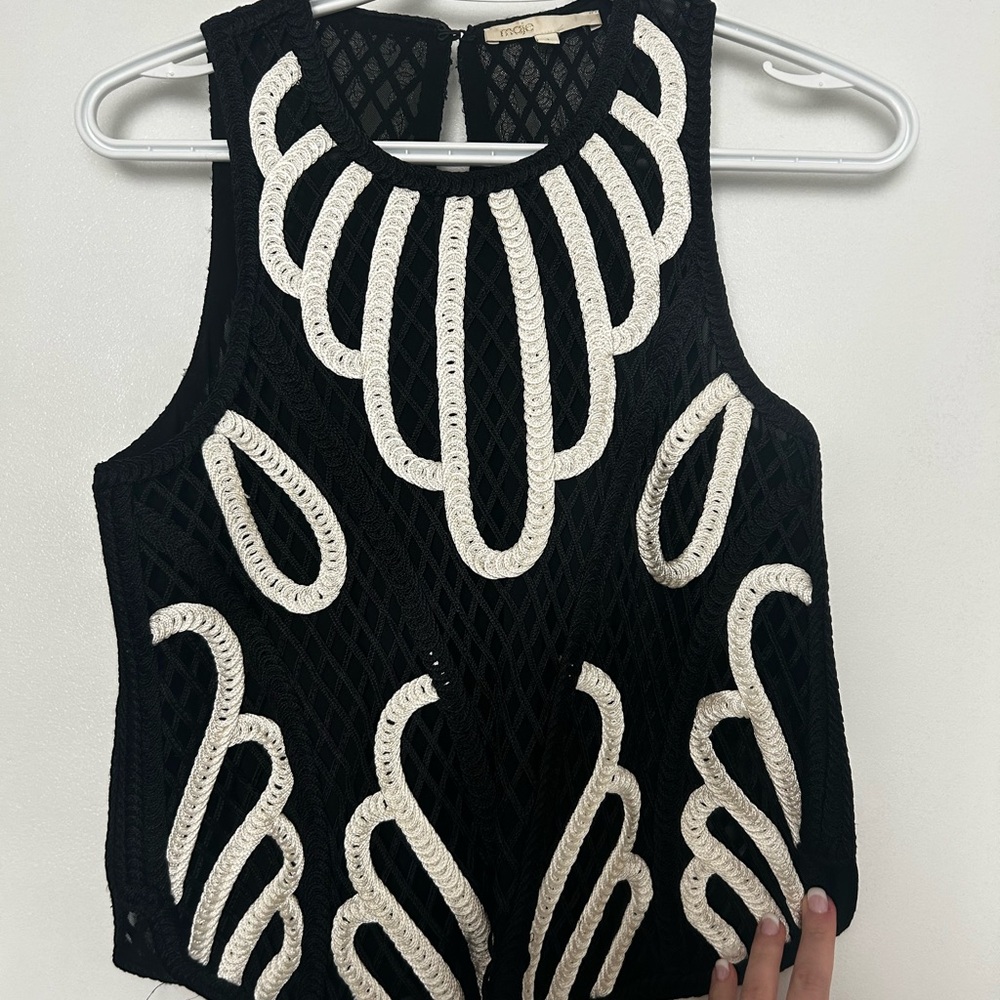 Maje Black and White Embroidered Crop Top
